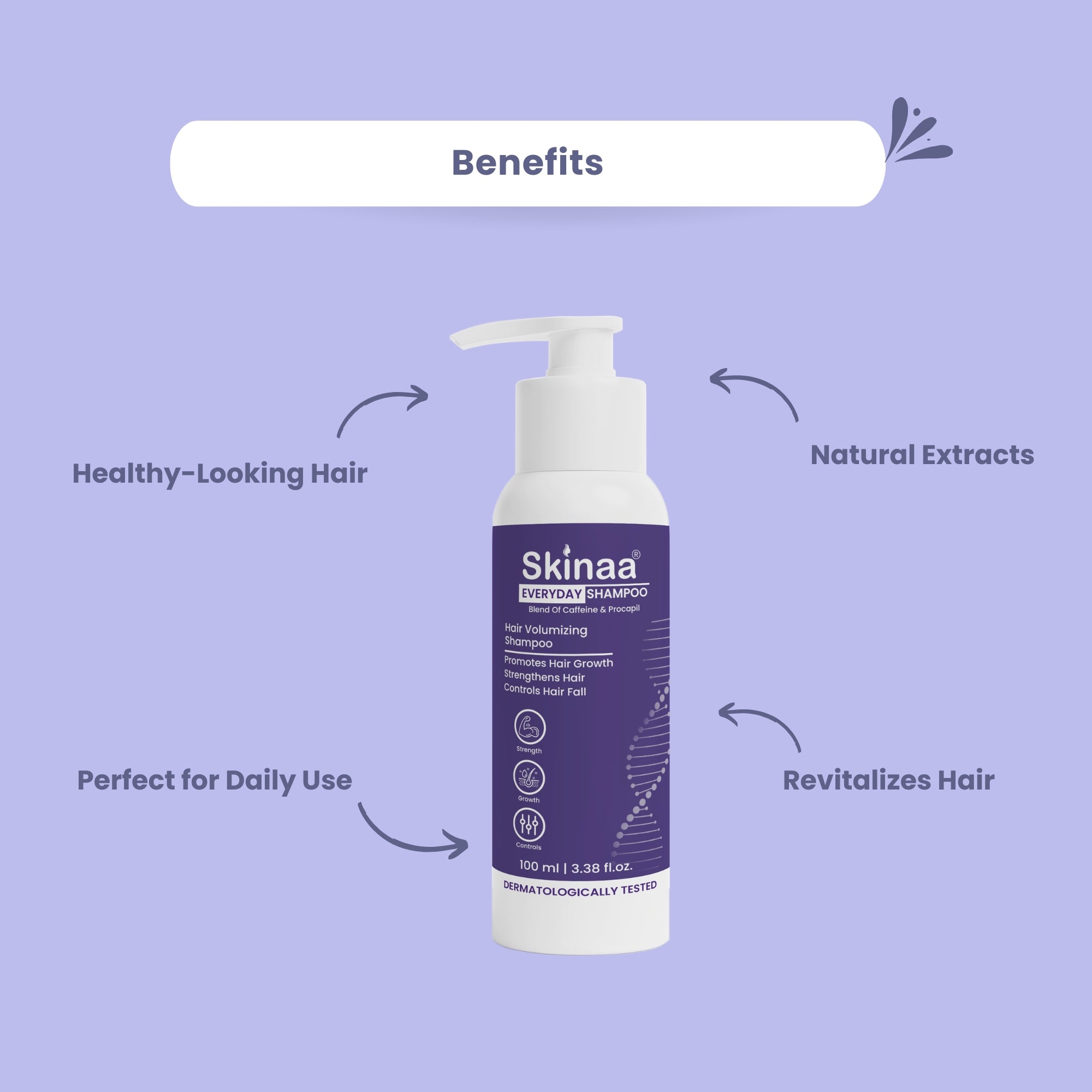 Skinaa Everyday Shampoo benefits – promotes healthy-looking hair, enriched with natural extracts, revitalizes hair, and safe for daily use